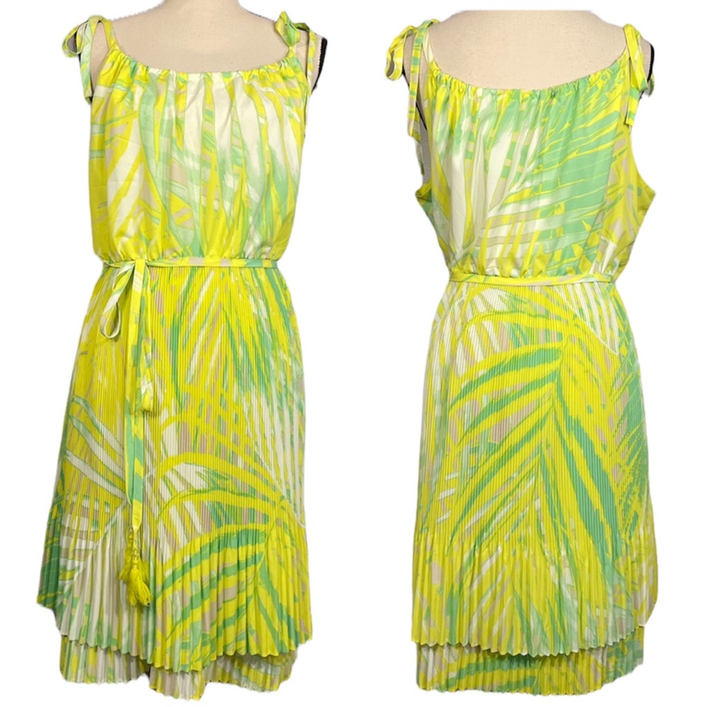 NWOT Lane Bryant Pleated Layers Sleeveless Tie Shoulder Neon Palm Print Dress 3X